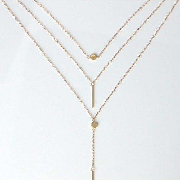 Gold Triple Layer Bar Dot Necklace - Picture 3 of 4